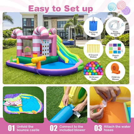 9-in-1 Inflatable Sweet Candy Water Slide Park with 680W Blower - Pink - Inflatable Water Slides