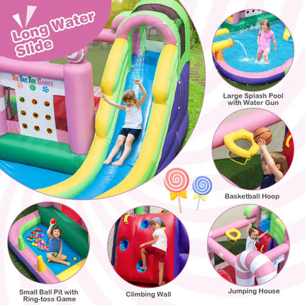 9-in-1 Inflatable Sweet Candy Water Slide Park with 680W Blower - Pink - Inflatable Water Slides