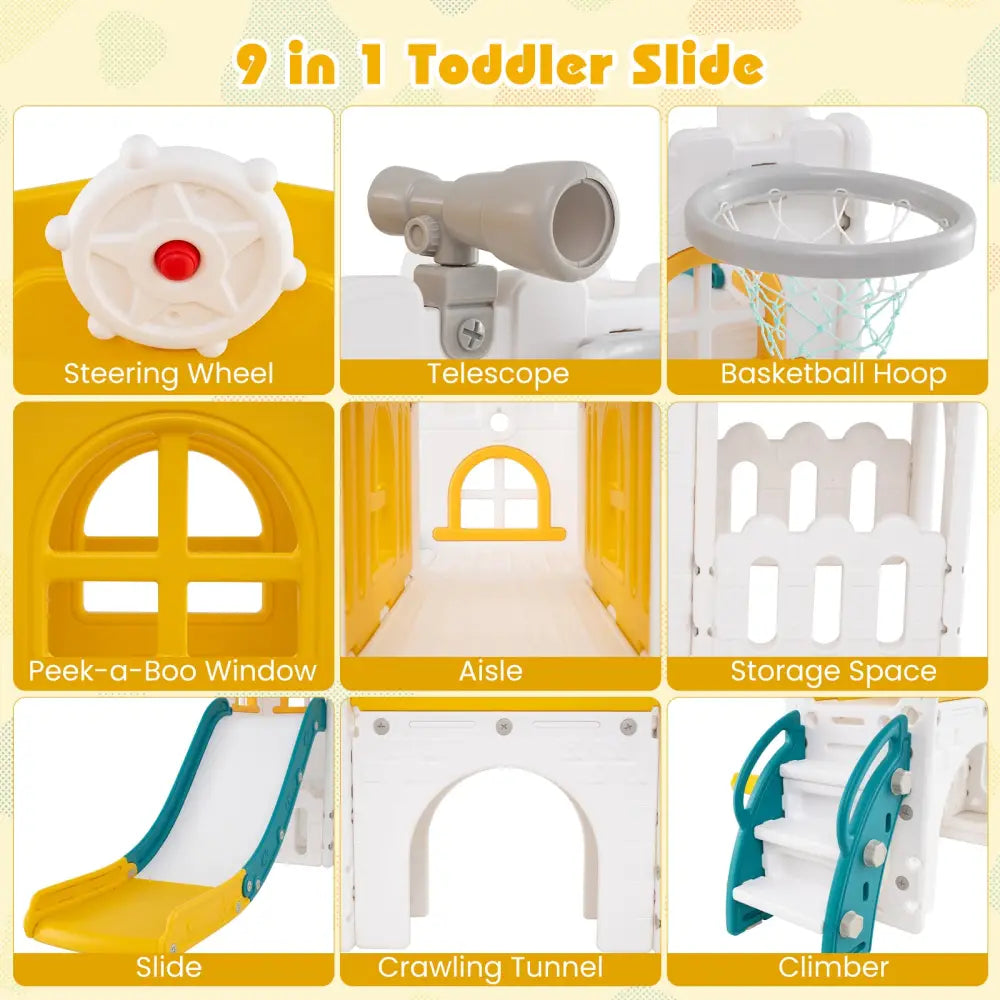 9-in-1 Toddler Slide L-Shaped with Basketball Hoop and Steering Wheel-Yellow - Yellow - Climbers & Slides
