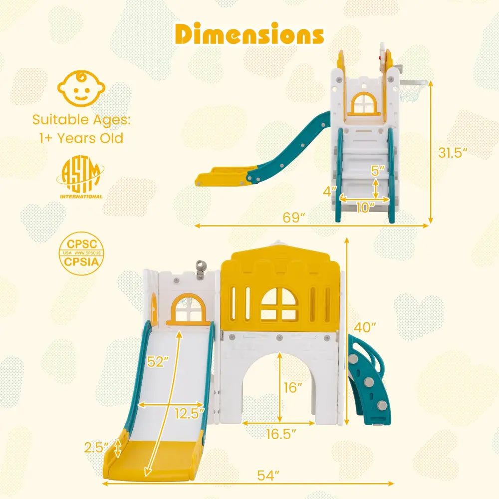 9-in-1 Toddler Slide L-Shaped with Basketball Hoop and Steering Wheel-Yellow - Yellow - Climbers & Slides