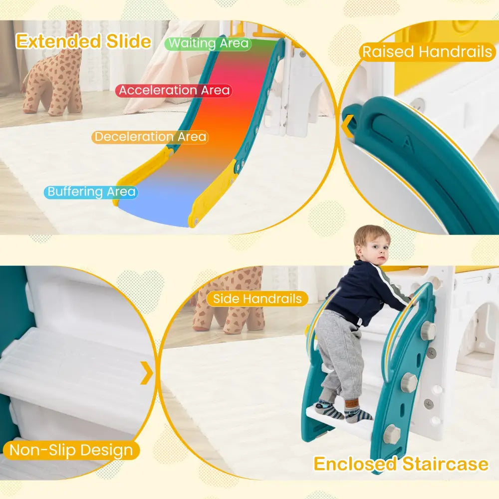 9-in-1 Toddler Slide L-Shaped with Basketball Hoop and Steering Wheel-Yellow - Yellow - Climbers & Slides