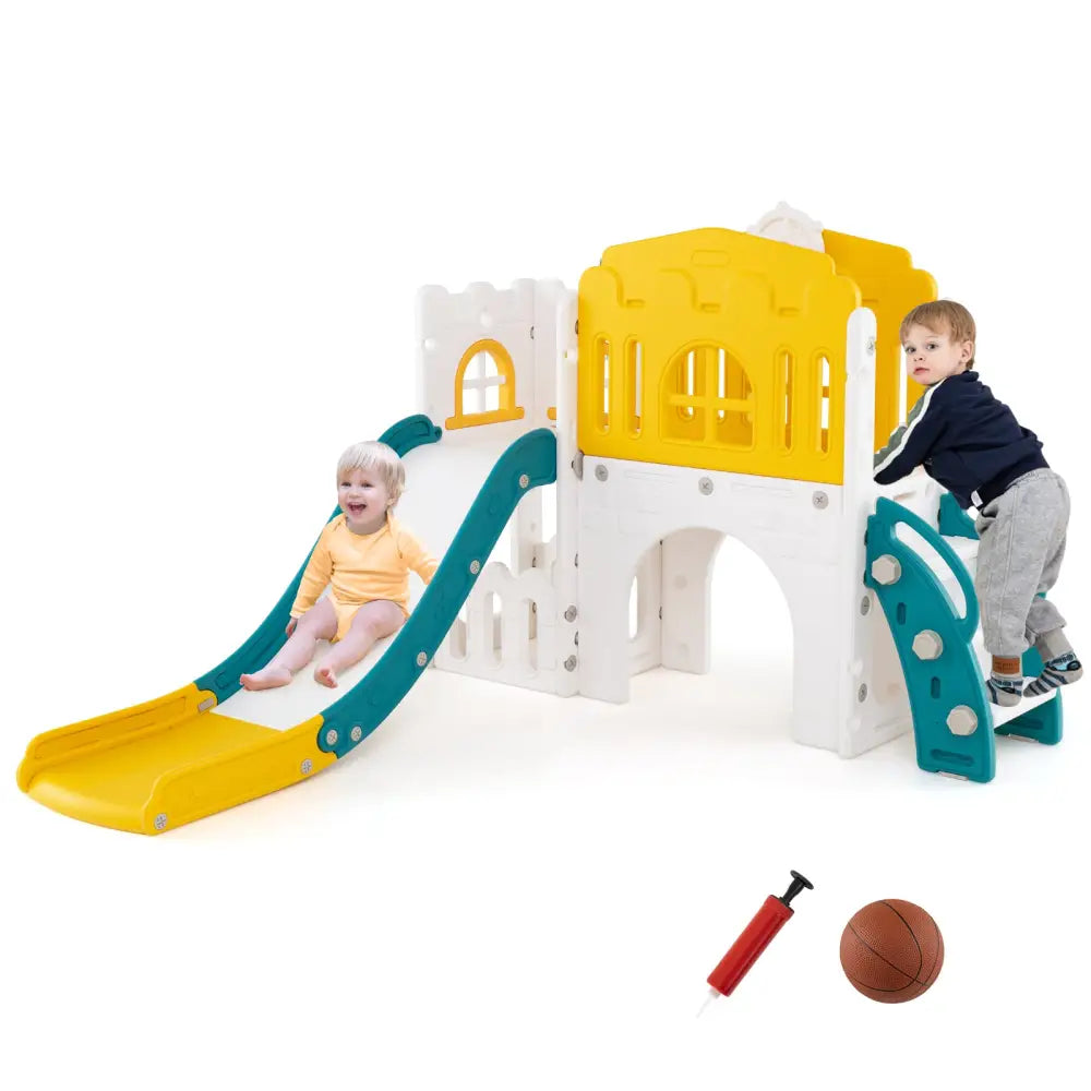 9-in-1 Toddler Slide L-Shaped with Basketball Hoop and Steering Wheel-Yellow - Yellow - Climbers & Slides
