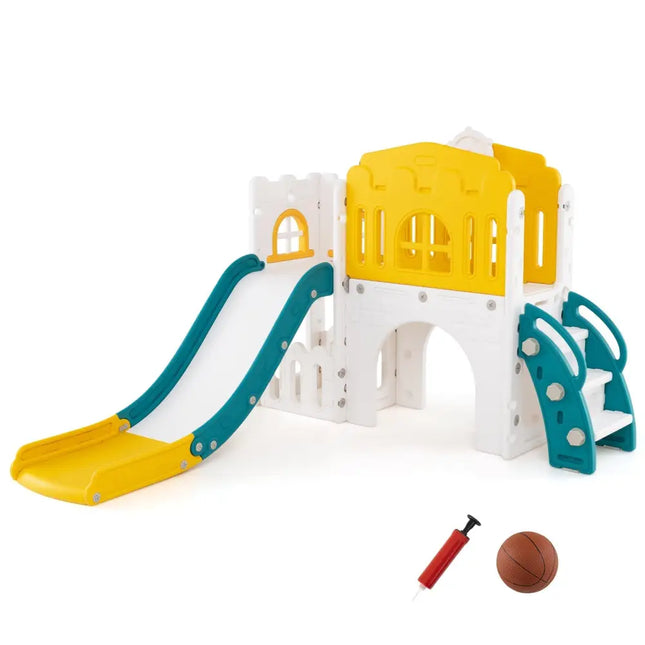 9 - in - 1 Toddler Slide L - Shaped with Basketball Hoop and Steering Wheel - Yellow - Oasis Home Essentials