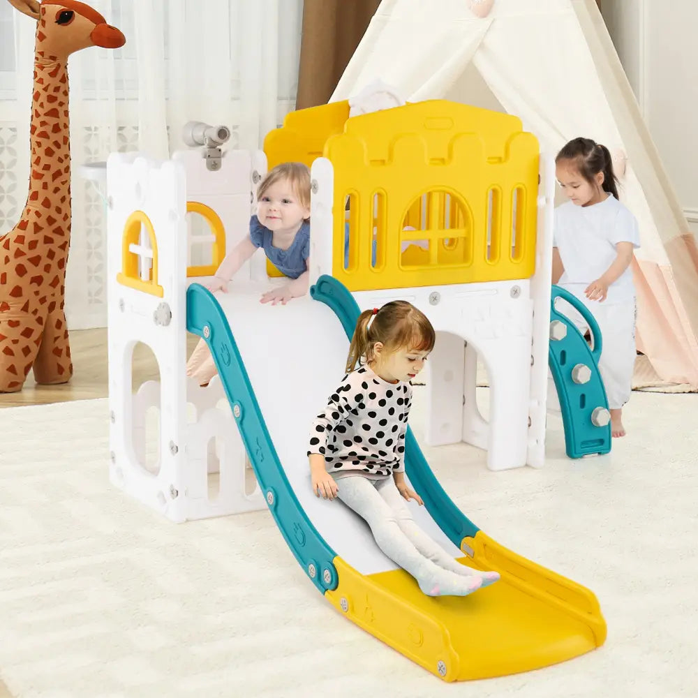 9-in-1 Toddler Slide L-Shaped with Basketball Hoop and Steering Wheel-Yellow - Yellow - Climbers & Slides
