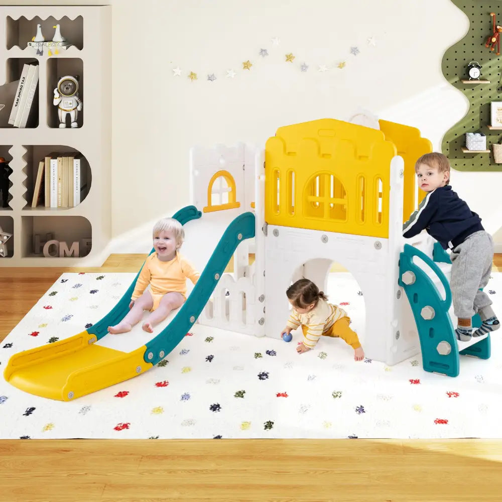 9-in-1 Toddler Slide L-Shaped with Basketball Hoop and Steering Wheel-Yellow - Yellow - Climbers & Slides