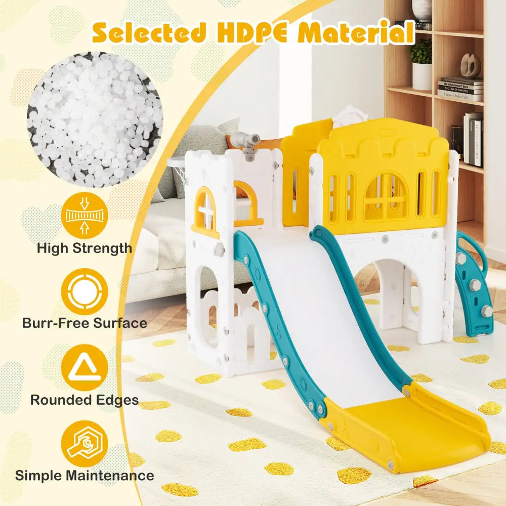 9-in-1 Toddler Slide L-Shaped with Basketball Hoop and Steering Wheel-Yellow - Yellow - Climbers & Slides