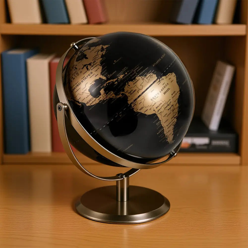 9-Inch Metallic Black World Globe with Metal Stand-Golden - Golden - Learning Toys