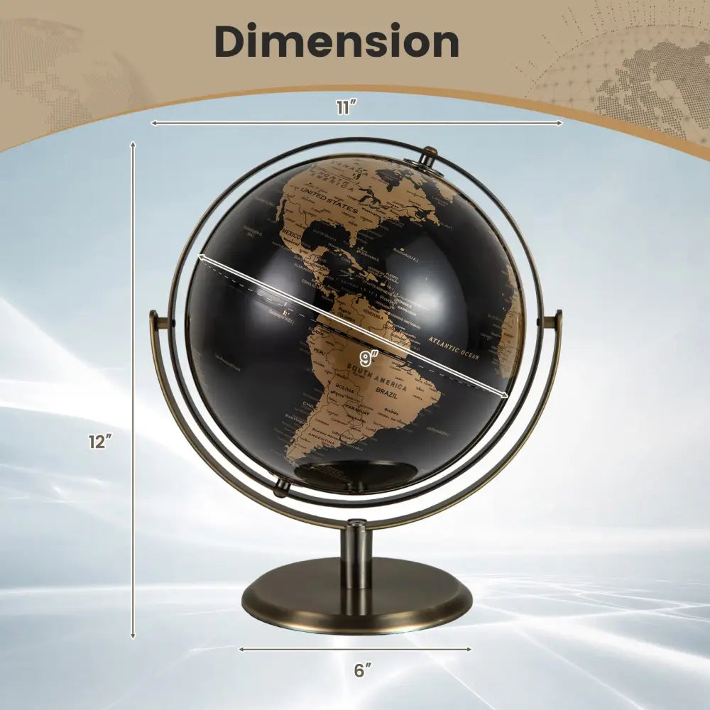9-Inch Metallic Black World Globe with Metal Stand-Golden - Golden - Learning Toys