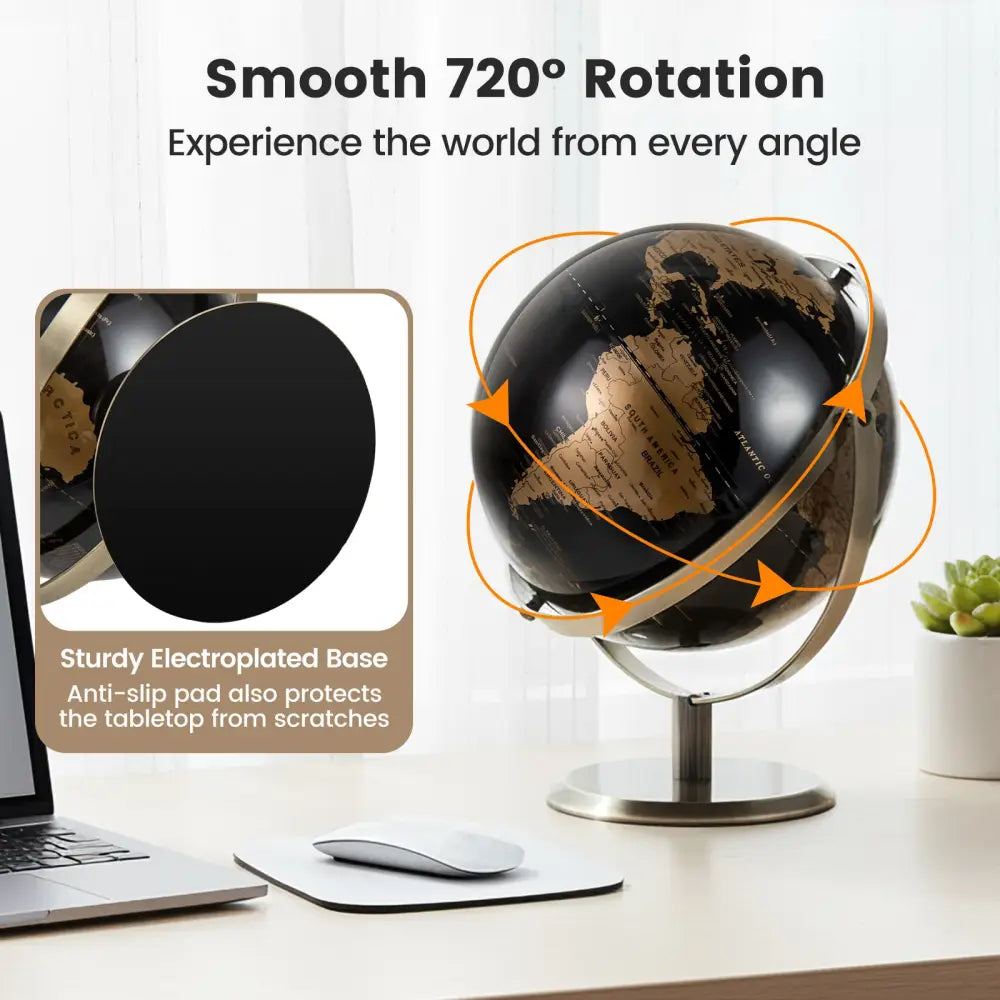 9-Inch Metallic Black World Globe with Metal Stand-Golden - Golden - Learning Toys
