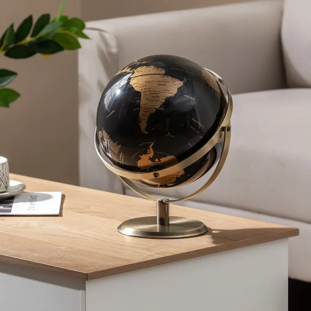 9-Inch Metallic Black World Globe with Metal Stand-Golden - Golden - Learning Toys