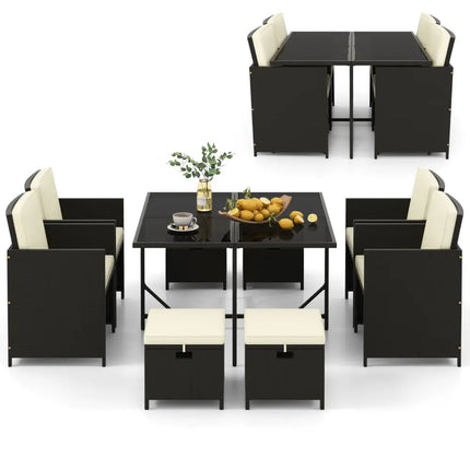 9 PCS Outdoor Dining Furniture Set with Tempered Glass Table and Ottomans-White - White - Patio Dining Sets