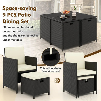 9 PCS Outdoor Dining Furniture Set with Tempered Glass Table and Ottomans-White - White - Patio Dining Sets