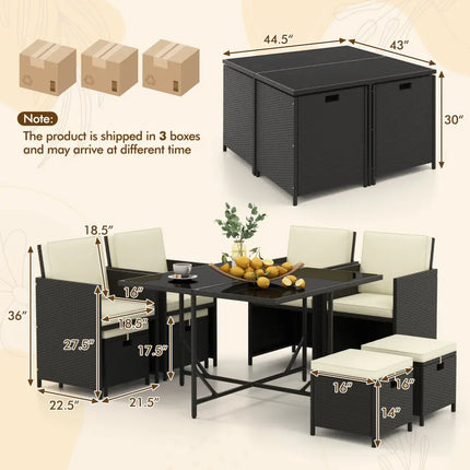 9 PCS Outdoor Dining Furniture Set with Tempered Glass Table and Ottomans-White - White - Patio Dining Sets
