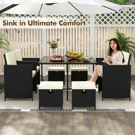 9 PCS Outdoor Dining Furniture Set with Tempered Glass Table and Ottomans-White - White - Patio Dining Sets