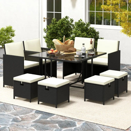 9 PCS Outdoor Dining Furniture Set with Tempered Glass Table and Ottomans-White - White - Patio Dining Sets