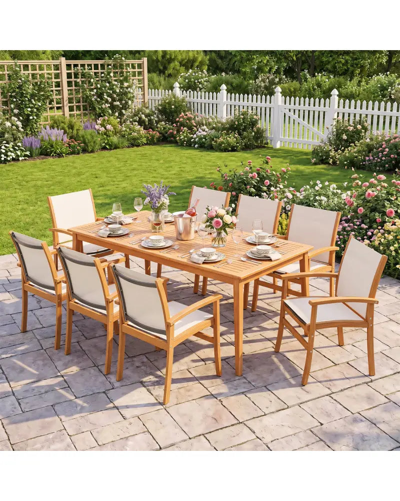 9-Piece Acacia Wood Outdoor Patio Dining Set with 80’’ Rectangular Table and Breathable Fabric Armchairs-Yellow