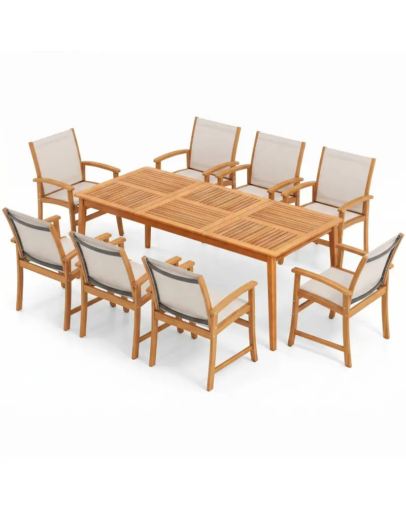 9-Piece Acacia Wood Outdoor Patio Dining Set with 80’’ Rectangular Table and Breathable Fabric Armchairs-Yellow