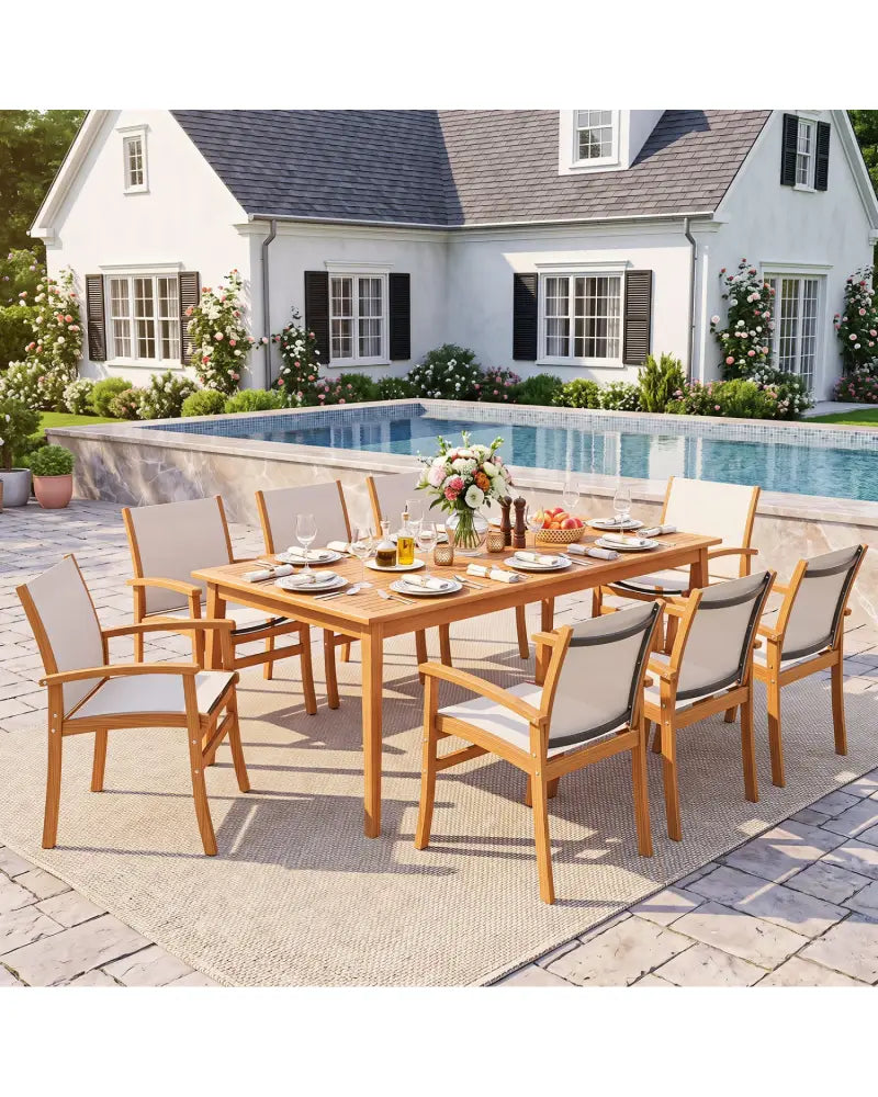 9-Piece Acacia Wood Outdoor Patio Dining Set with 80’’ Rectangular Table and Breathable Fabric Armchairs-Yellow