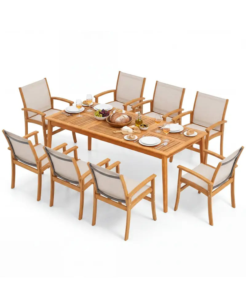 9-Piece Acacia Wood Outdoor Patio Dining Set with 80’’ Rectangular Table and Breathable Fabric Armchairs-Yellow