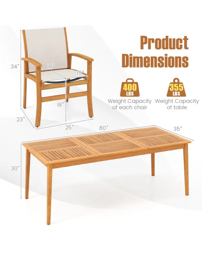 9-Piece Acacia Wood Outdoor Patio Dining Set with 80’’ Rectangular Table and Breathable Fabric Armchairs-Yellow