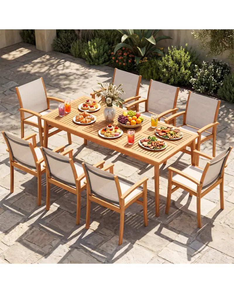9-Piece Acacia Wood Outdoor Patio Dining Set with 80’’ Rectangular Table and Breathable Fabric Armchairs-Yellow