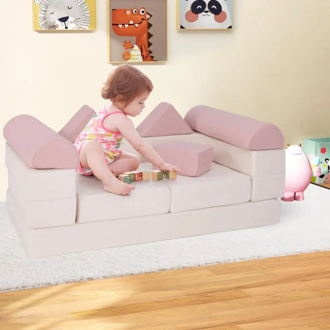 9 - Piece Climb and Crawl Foam and Floor Playset with Breathable Suede Fabric - Pink - Oasis Home Essentials