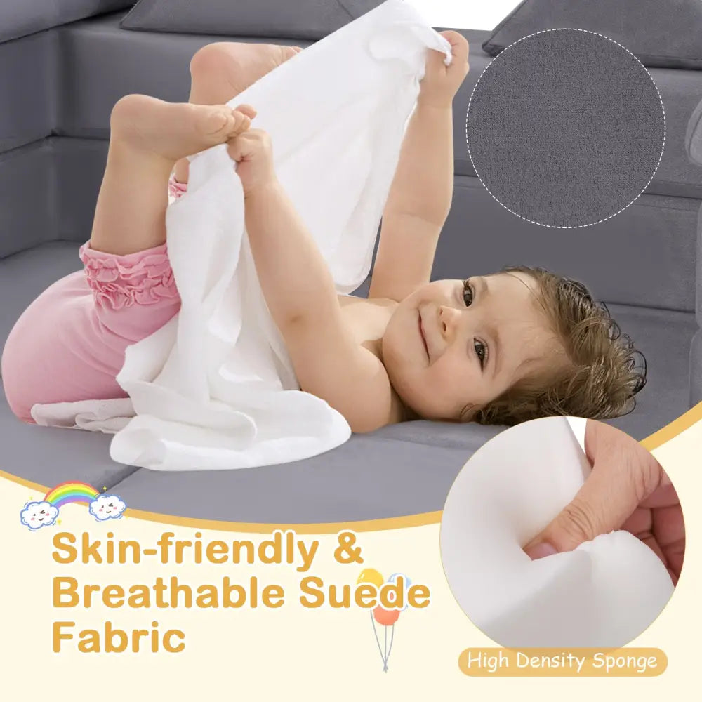 9-Piece Climb and Crawl Foam and Floor Playset with Breathable Suede Fabric-Gray - Gray - Baby Gyms & Playmats