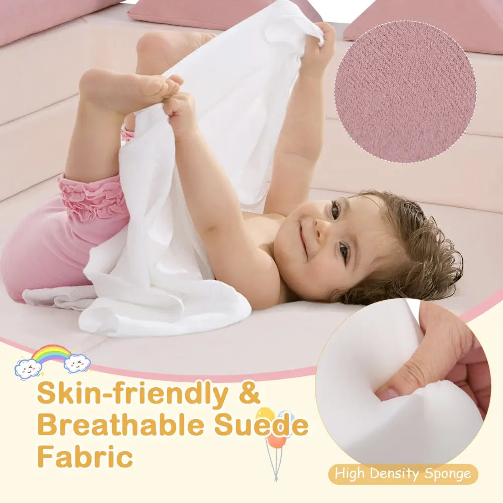 9-Piece Climb and Crawl Foam and Floor Playset with Breathable Suede Fabric-Pink - Pink - Baby Gyms & Playmats