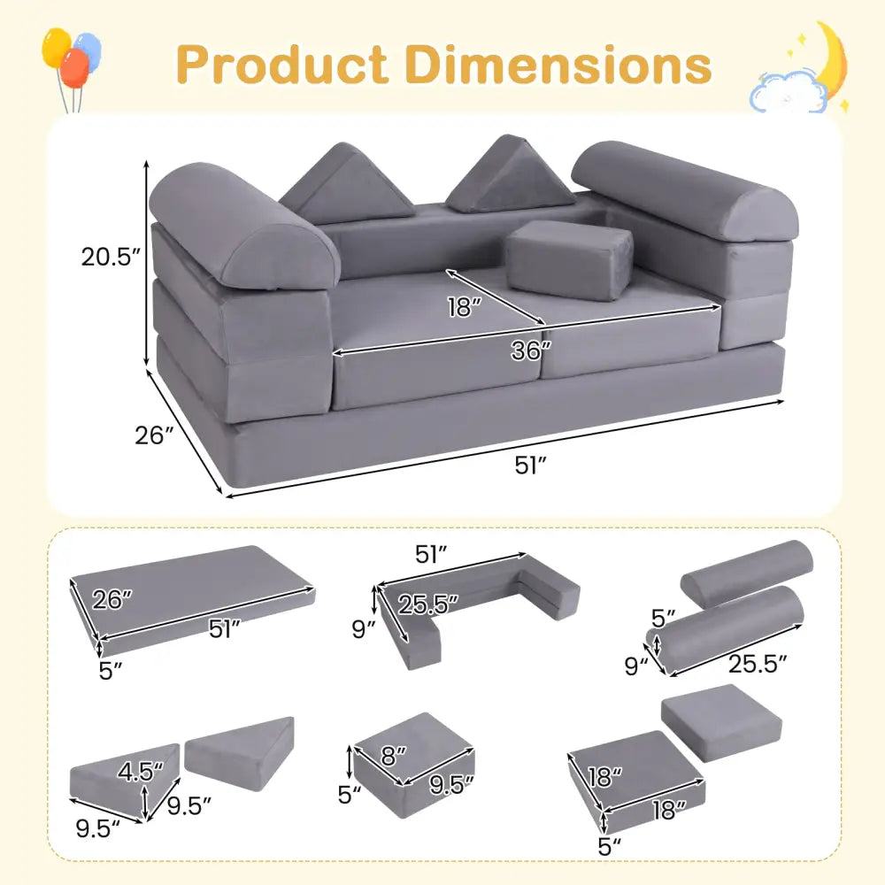 9-Piece Climb and Crawl Foam and Floor Playset with Breathable Suede Fabric-Gray - Gray - Baby Gyms & Playmats