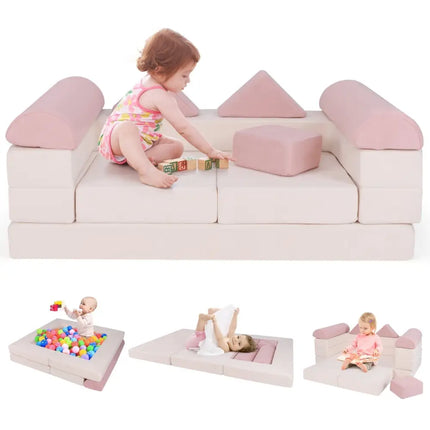 9 - Piece Climb and Crawl Foam and Floor Playset with Breathable Suede Fabric - Pink - Oasis Home Essentials