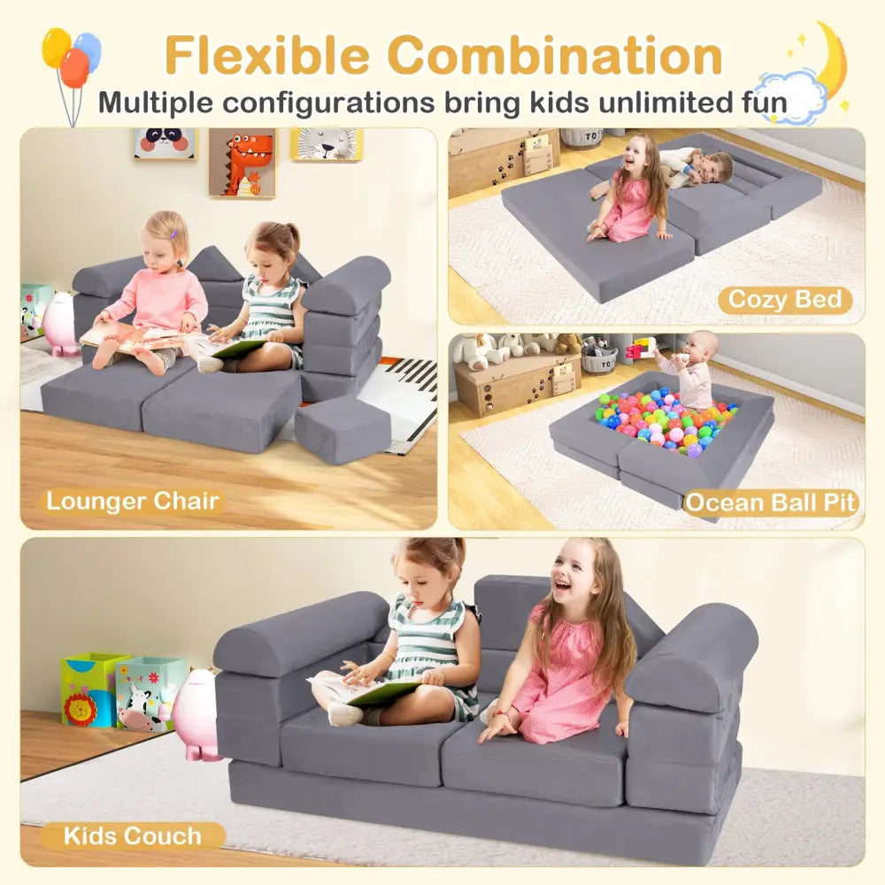 9-Piece Climb and Crawl Foam and Floor Playset with Breathable Suede Fabric-Gray - Gray - Baby Gyms & Playmats