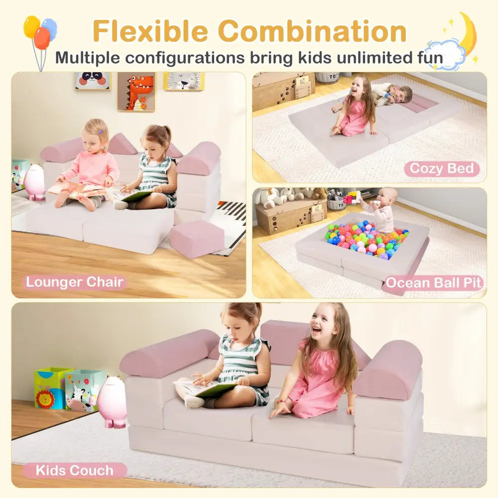 9-Piece Climb and Crawl Foam and Floor Playset with Breathable Suede Fabric-Pink - Pink - Baby Gyms & Playmats