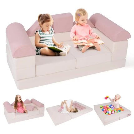 9 - Piece Climb and Crawl Foam and Floor Playset with Breathable Suede Fabric - Pink - Oasis Home Essentials