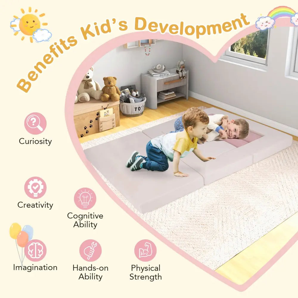 9-Piece Climb and Crawl Foam and Floor Playset with Breathable Suede Fabric-Pink - Pink - Baby Gyms & Playmats