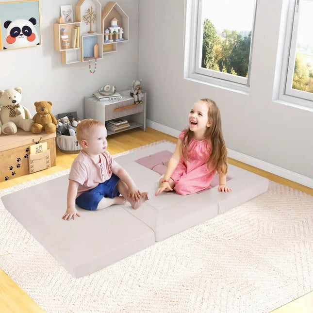 9 - Piece Climb and Crawl Foam and Floor Playset with Breathable Suede Fabric - Pink - Oasis Home Essentials