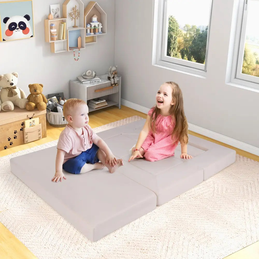 9-Piece Climb and Crawl Foam and Floor Playset with Breathable Suede Fabric-Beige - Beige - Baby Gyms & Playmats