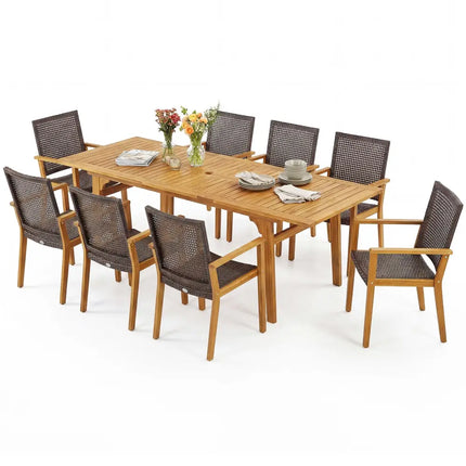 9-Piece Expandable Patio Dining Set for Deck and Garden - Natural - Patio Dining Sets