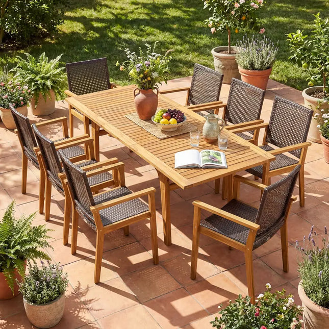 9-Piece Expandable Patio Dining Set for Deck and Garden - Natural - Patio Dining Sets
