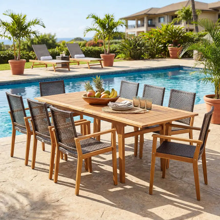 9-Piece Expandable Patio Dining Set for Deck and Garden - Natural - Patio Dining Sets