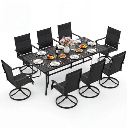 9-Piece Outdoor Dining Set for 8 with Umbrella Hole and 8 Chairs-Black - Black - Patio Dining Sets
