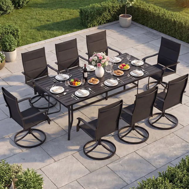 9-Piece Outdoor Dining Set for 8 with Umbrella Hole and 8 Chairs-Black - Black - Patio Dining Sets