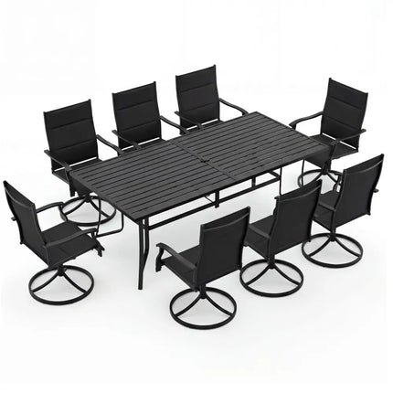 9-Piece Outdoor Dining Set for 8 with Umbrella Hole and 8 Chairs-Black - Black - Patio Dining Sets