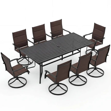 9-Piece Outdoor Dining Set for 8 with Umbrella Hole and 8 Chairs-Brown - Brown - Patio Dining Sets