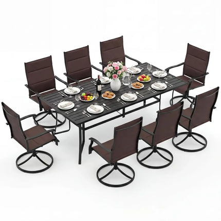 9-Piece Outdoor Dining Set for 8 with Umbrella Hole and 8 Chairs-Brown - Brown - Patio Dining Sets