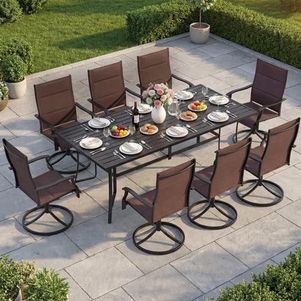 9-Piece Outdoor Dining Set for 8 with Umbrella Hole and 8 Chairs-Brown - Brown - Patio Dining Sets