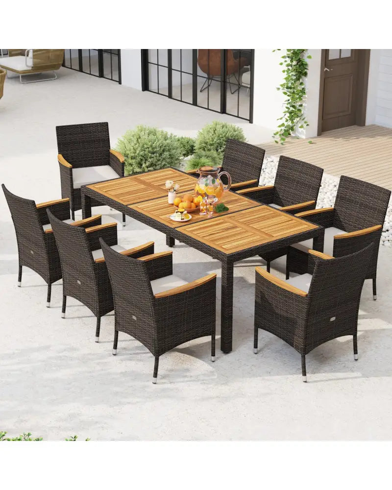9 Piece Outdoor Dining Set with Acacia Wood Table Top-Beige - Beige - Patio Dining Sets