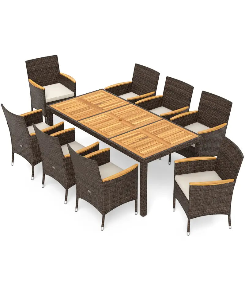 9 Piece Outdoor Dining Set with Acacia Wood Table Top-Beige - Beige - Patio Dining Sets
