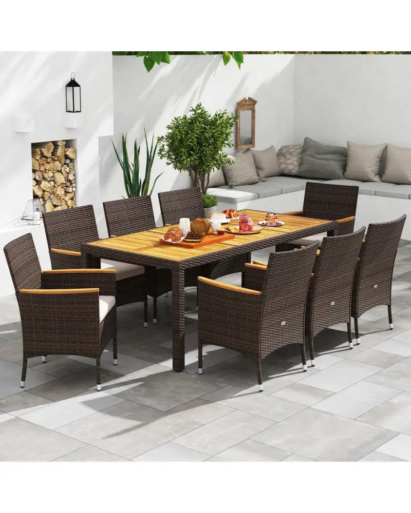 9 Piece Outdoor Dining Set with Acacia Wood Table Top-Beige - Beige - Patio Dining Sets