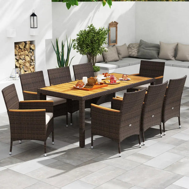 9 Piece Outdoor Dining Set with Acacia Wood Table Top-Beige - Beige - Patio Dining Sets