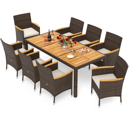 9 Piece Outdoor Dining Set with Acacia Wood Table Top-Beige - Beige - Patio Dining Sets